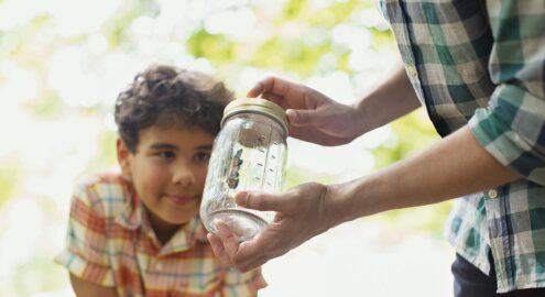 A child staring curiously at a butterfly inside a jar