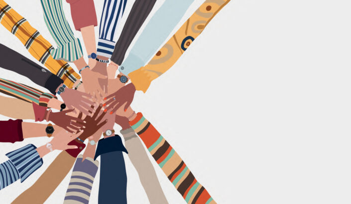 Drawing of the arms of diverse people in colorful clothing. Everyone is putting their hands in the center-left, as if all hands on deck.