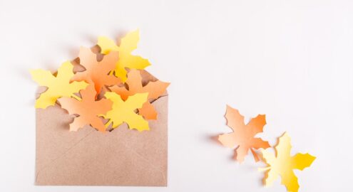 Craft envelope filled with autumn maple leaves