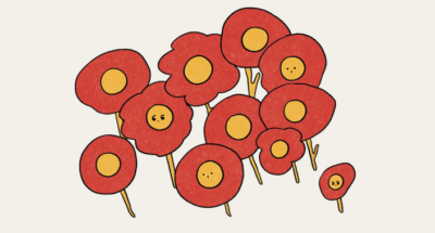 Playful images of illustrated red and yellow flowers together and connected in a cluster.