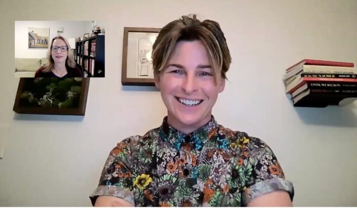 Image of happy people on virtual meeting
