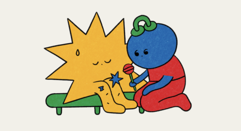 Illustration of a creature helping another creature with an injury to illustrate compassion.