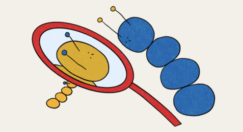Illustration of a bug looking at another bug through a magnifying glass.