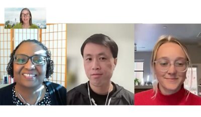 Screenshot from a zoom meeting with three presenters looking at the camera