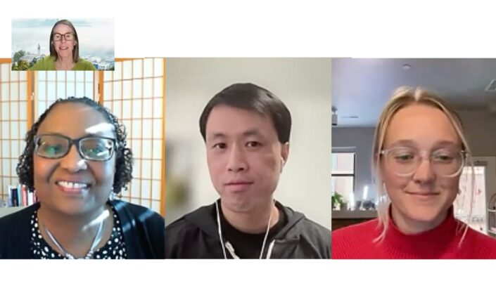 Screenshot from a zoom meeting with three presenters looking at the camera