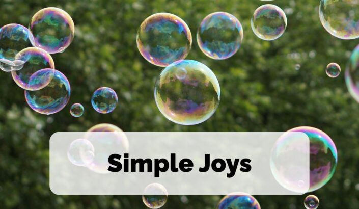 Bubbles float through the air, to signify simple joy. The words Simple Joys are overlayed on top of the image.