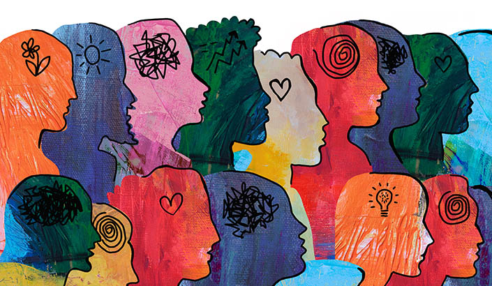 Large Group of diverse people profile view hand drawn, with different emotional / mental states and thoughts.